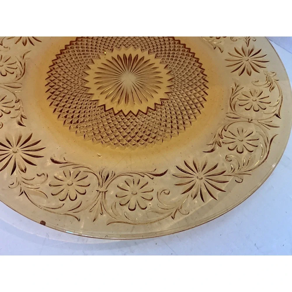 Vintage Tiara Sandwich Glass Plate Amber Floral Embossed 8 Incha